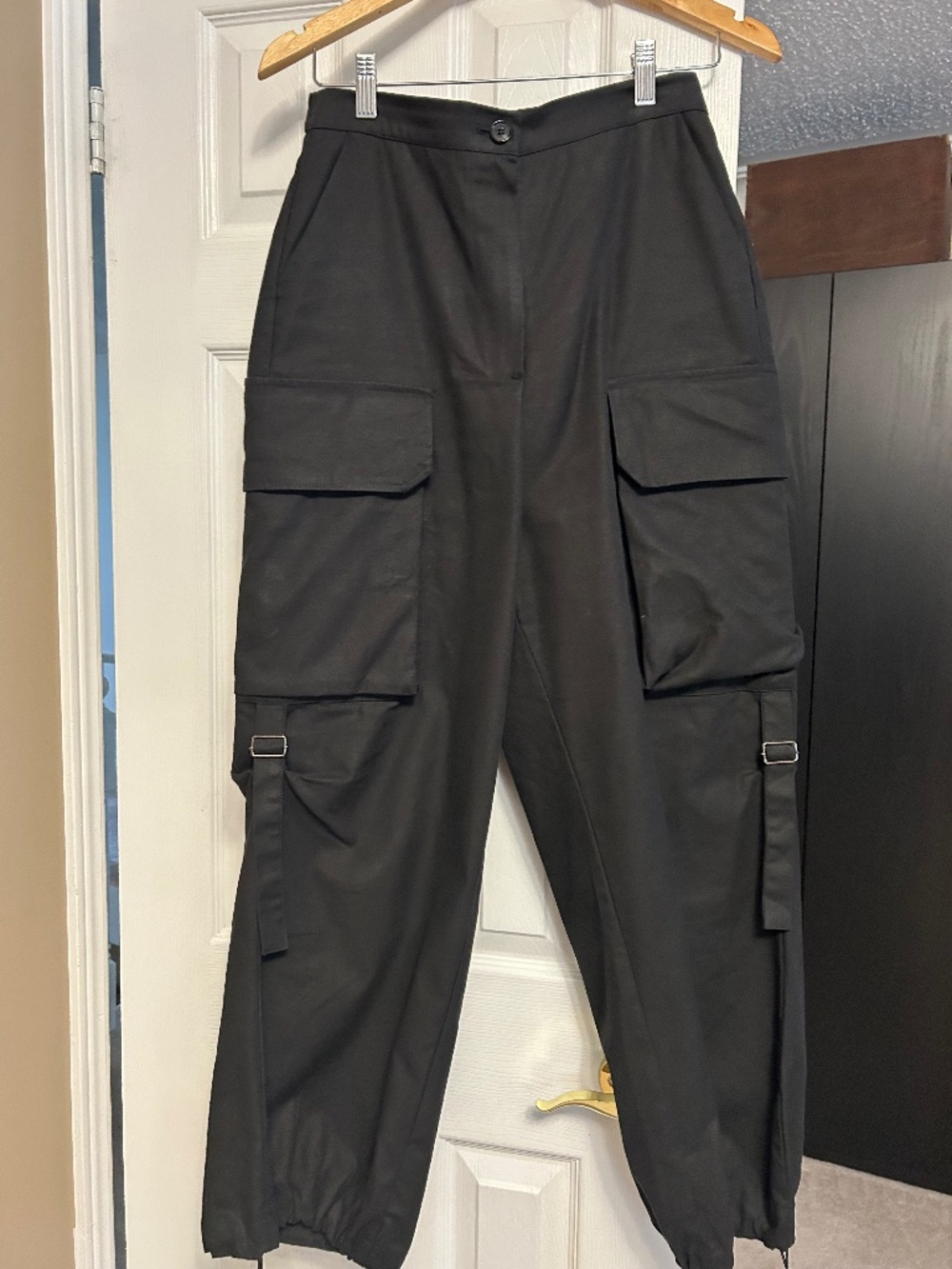 Oak + Fort Black Cargo Pants with Buckle Straps - High Rise